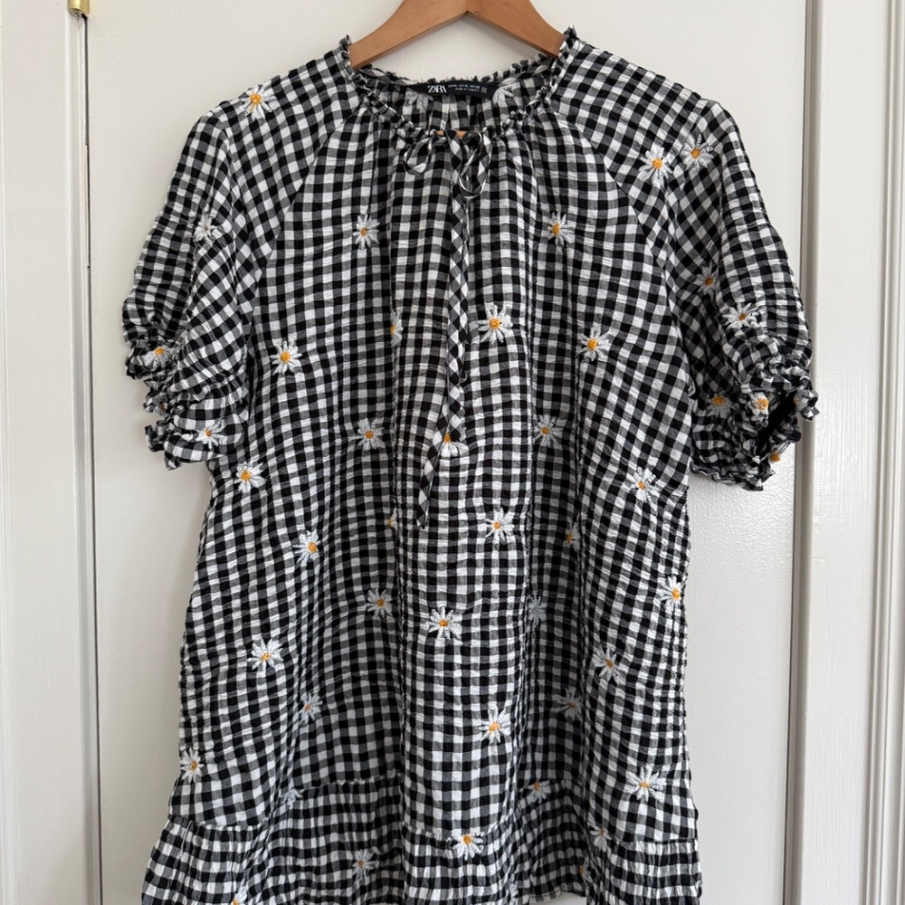 Zara Daisy Embroidered Checkered Tunic Dress with Ties XL - Picture 5 of 8
